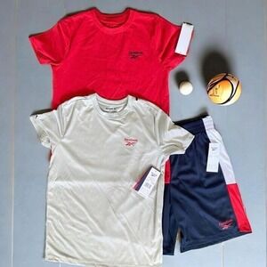 Reebok Boys 3-Piece Activewear Set Red Grey Navy T-Shirts Shorts Size 12 NEW